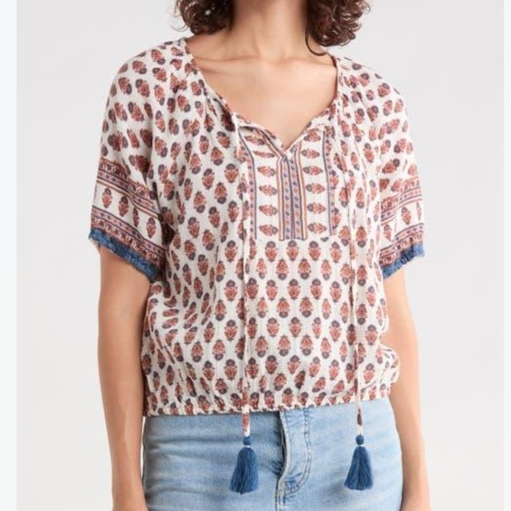 Lucky Brand Ivory Rust Blue Block Print Tassel Cotton Peasant Top Large